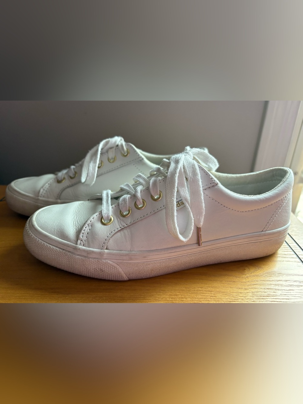 Keds White Leather Low-Top Lace-Up Sneakers with Gold Eyelets